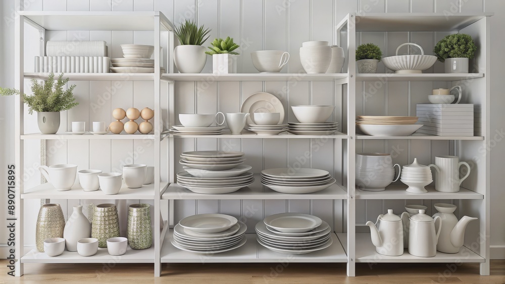 White Kitchen Shelf with Stacked Plates and Vases, Interior Design , Kitchen Decor , Whiteware , Home Decor White Kitchen Shelf with Stacked Plates and Vases, Interior Design , Kitchen Decor , Whiteware , Home Decor