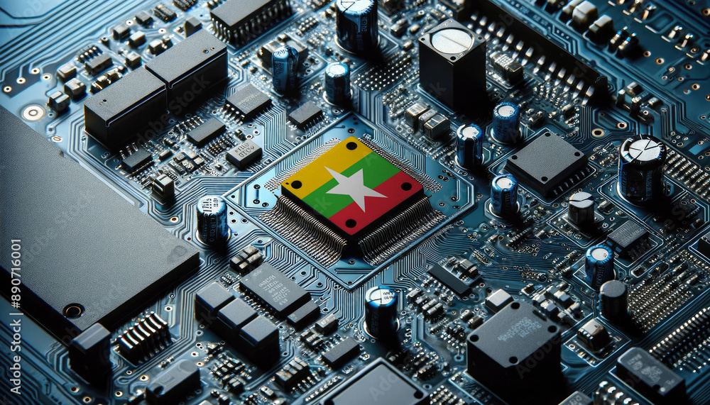 An intricate microchip with the Myanmar flag embedded, representing the innovation and technological advancements of the Myanmar in the field of electronics and microtechnology An intricate microchip with the Myanmar flag embedded, representing the innovation and technological advancements of the Myanmar in the field of electronics and microtechnology