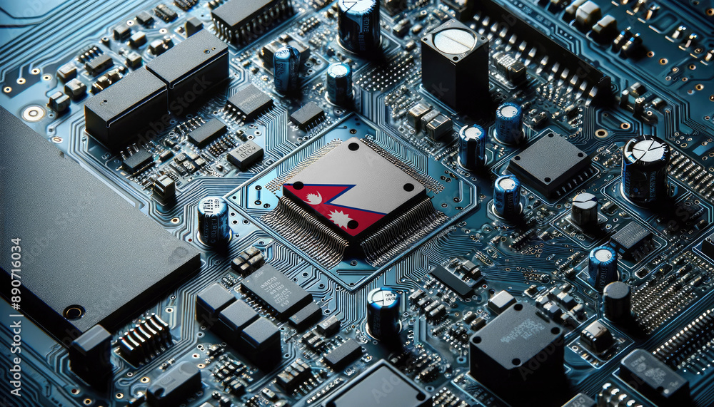 An intricate microchip with the Nepal flag embedded, representing the innovation and technological advancements of the Nepal in the field of electronics and microtechnology An intricate microchip with the Nepal flag embedded, representing the innovation and technological advancements of the Nepal in the field of electronics and microtechnology