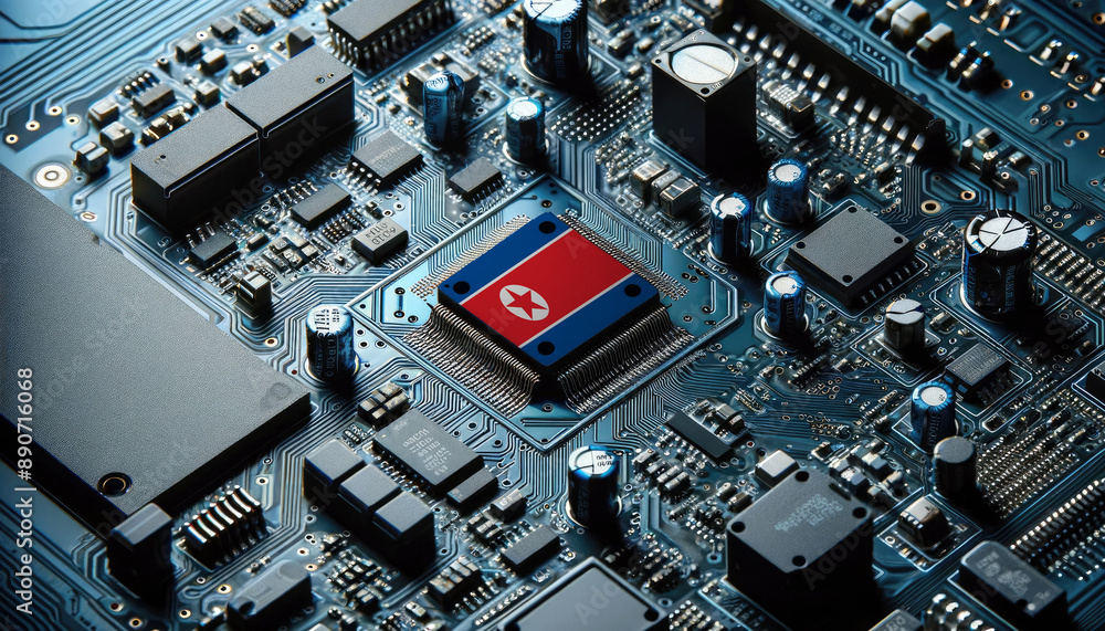 An intricate microchip with the North Korea flag embedded, representing the innovation and technological advancements of the North Korea in the field of electronics and microtechnology An intricate microchip with the North Korea flag embedded, representing the innovation and technological advancements of the North Korea in the field of electronics and microtechnology