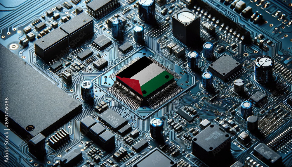 An intricate microchip with the Palestine flag embedded, representing the innovation and technological advancements of the Palestine in the field of electronics and microtechnology An intricate microchip with the Palestine flag embedded, representing the innovation and technological advancements of the Palestine in the field of electronics and microtechnology