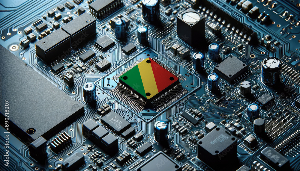 An intricate microchip with the Congo flag embedded, representing the innovation and technological advancements of the Congo in the field of electronics and microtechnology An intricate microchip with the Congo flag embedded, representing the innovation and technological advancements of the Congo in the field of electronics and microtechnology