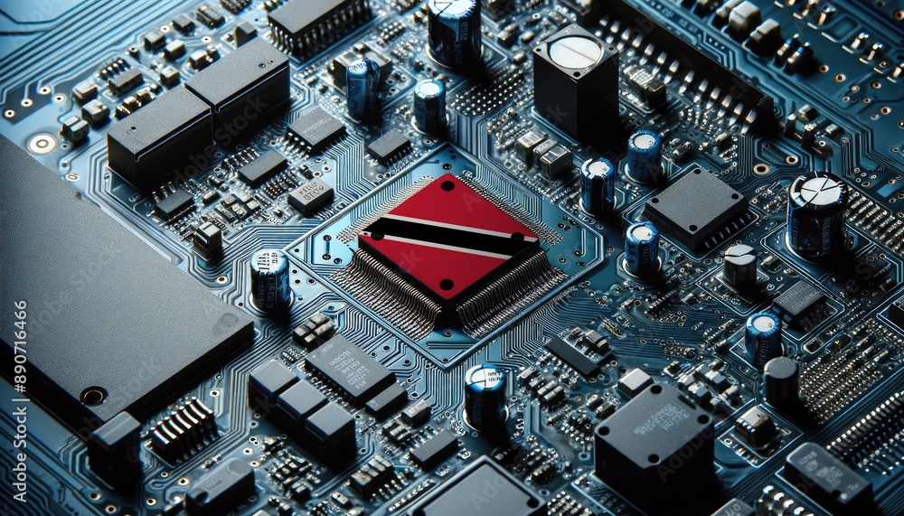 An intricate microchip with the Trinidad and Tobago flag embedded, representing the innovation and technological advancements of the Trinidad and Tobago in the field of electronics and microtechnology An intricate microchip with the Trinidad and Tobago flag embedded, representing the innovation and technological advancements of the Trinidad and Tobago in the field of electronics and microtechnology