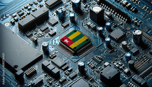An intricate microchip with the Togo flag embedded, representing the innovation and technological advancements of the Togo in the field of electronics and microtechnology