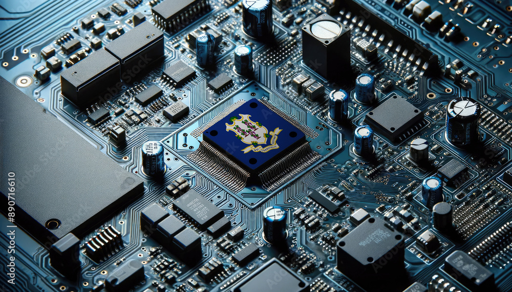 An intricate microchip with the Connecticut flag embedded, representing the innovation and technological advancements of the Connecticut in the field of electronics and microtechnology An intricate microchip with the Connecticut flag embedded, representing the innovation and technological advancements of the Connecticut in the field of electronics and microtechnology