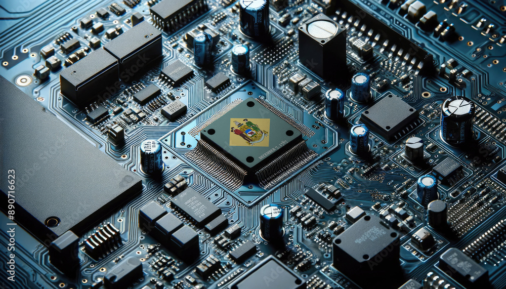 An intricate microchip with the Delaware flag embedded, representing the innovation and technological advancements of the Delaware in the field of electronics and microtechnology An intricate microchip with the Delaware flag embedded, representing the innovation and technological advancements of the Delaware in the field of electronics and microtechnology
