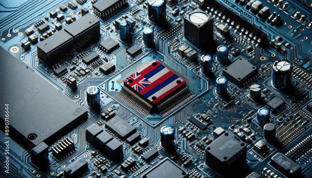 An intricate microchip with the Hawaii flag embedded, representing the innovation and technological advancements of the Hawaii in the field of electronics and microtechnology An intricate microchip with the Hawaii flag embedded, representing the innovation and technological advancements of the Hawaii in the field of electronics and microtechnology