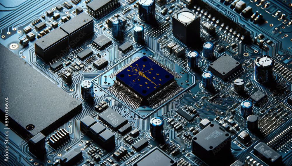 An intricate microchip with the Indiana flag embedded, representing the innovation and technological advancements of the Indiana in the field of electronics and microtechnology An intricate microchip with the Indiana flag embedded, representing the innovation and technological advancements of the Indiana in the field of electronics and microtechnology