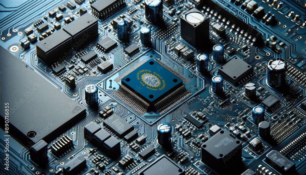 An intricate microchip with the South Dakota flag embedded, representing the innovation and technological advancements of the South Dakota in the field of electronics and microtechnology An intricate microchip with the South Dakota flag embedded, representing the innovation and technological advancements of the South Dakota in the field of electronics and microtechnology