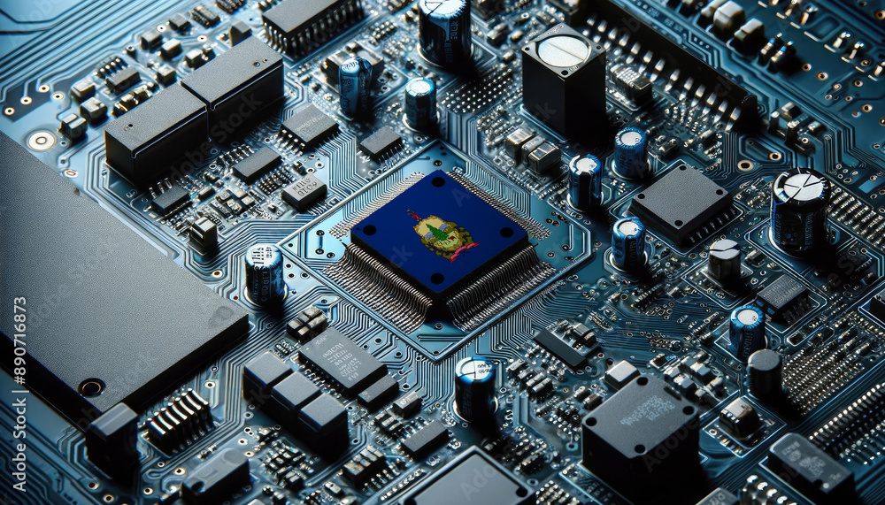 An intricate microchip with the Vermont flag embedded, representing the innovation and technological advancements of the Vermont in the field of electronics and microtechnology An intricate microchip with the Vermont flag embedded, representing the innovation and technological advancements of the Vermont in the field of electronics and microtechnology