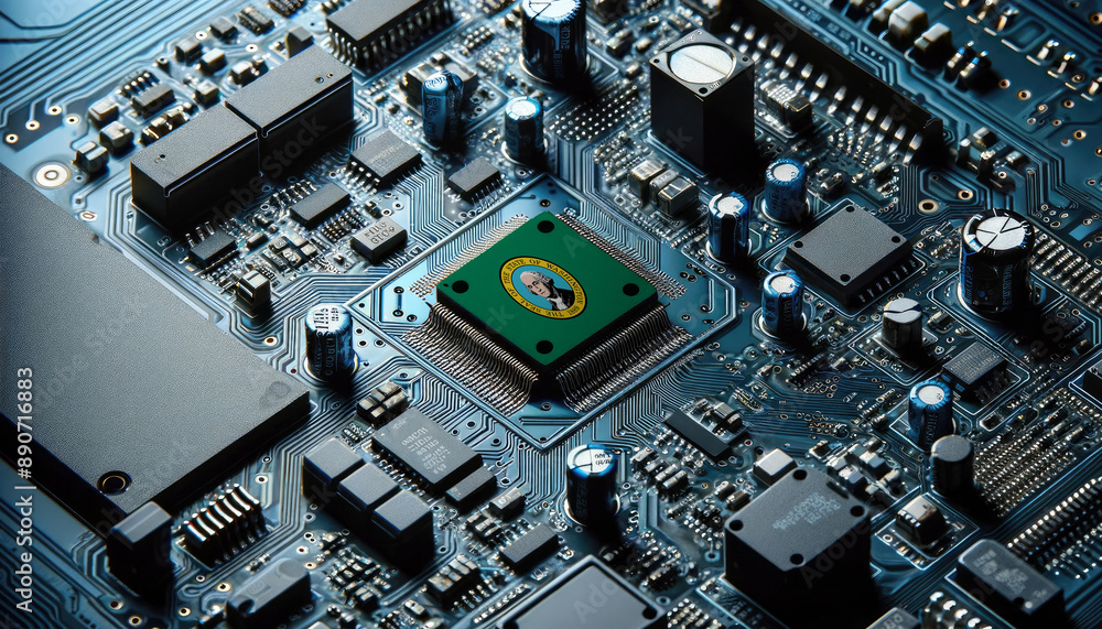 An intricate microchip with the Washington flag embedded, representing the innovation and technological advancements of the Washington in the field of electronics and microtechnology An intricate microchip with the Washington flag embedded, representing the innovation and technological advancements of the Washington in the field of electronics and microtechnology