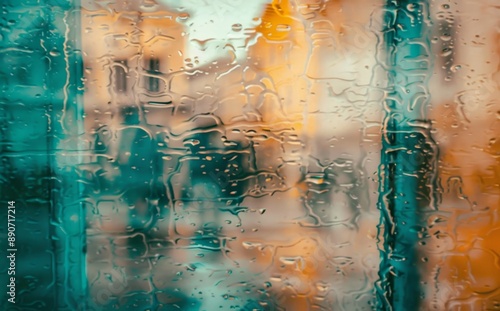 An artistic abstract capture of a city view blurred by rain-soaked glass, infusing rich colors and ethereal emotions. photo