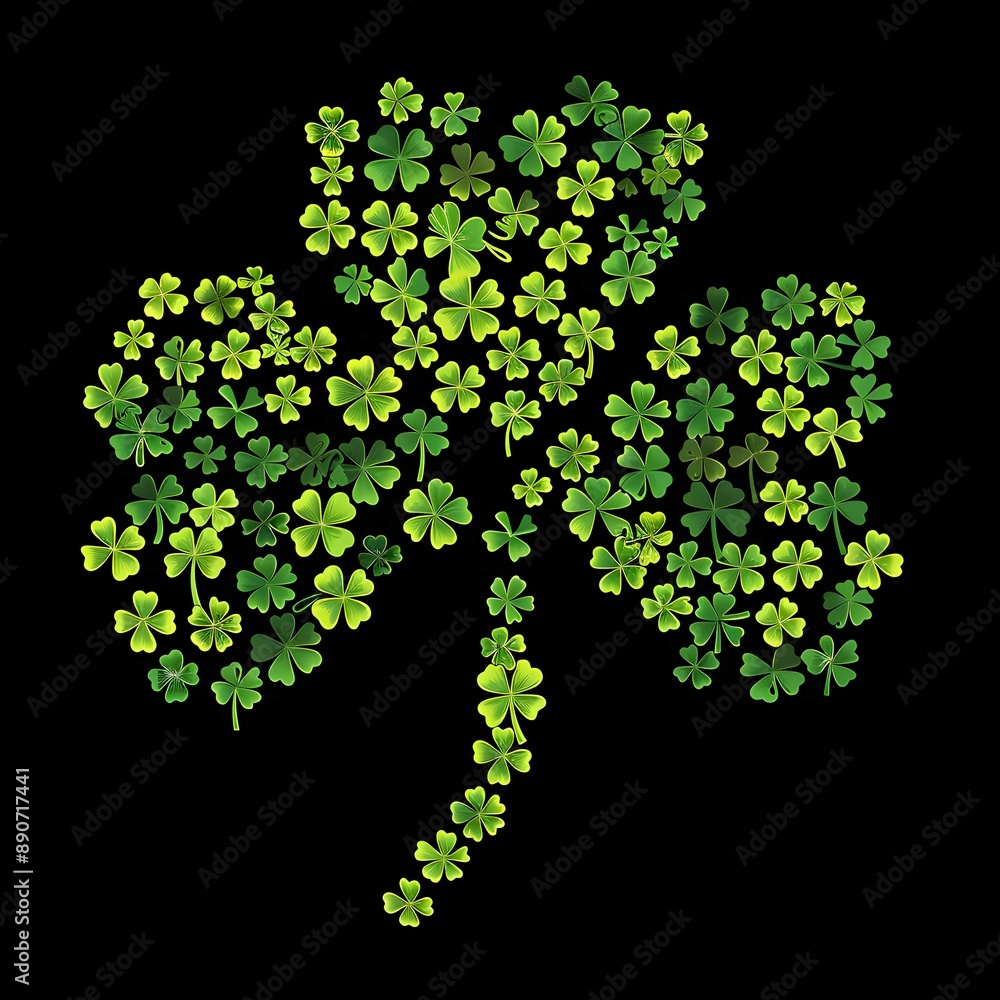 a shamrock made of small shamrocks in a cartoon style with solid black background
a shamrock made of small shamrocks in a cartoon style with solid black background