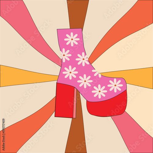 Retro 70s Pink Groovy  Disco Dancing shoes patterned with white flowers on vintage sunburst. Vector illustration for poster, banners and retro party invitation