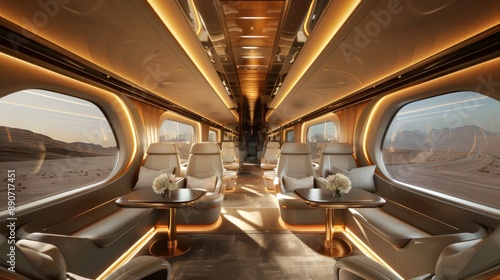 High-speed train with sleek leather seats, ambient lighting, large windows, scenic views. © Natima