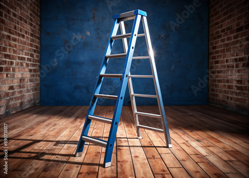 A highly detailed 3D rendering of a realistic fiberglass ladder standing upright on a rustic wooden floor with subtle shadows and reflections. photo