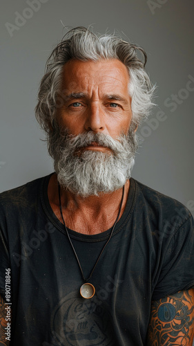 Elderly man with long beard and tattoos wearing white shirt