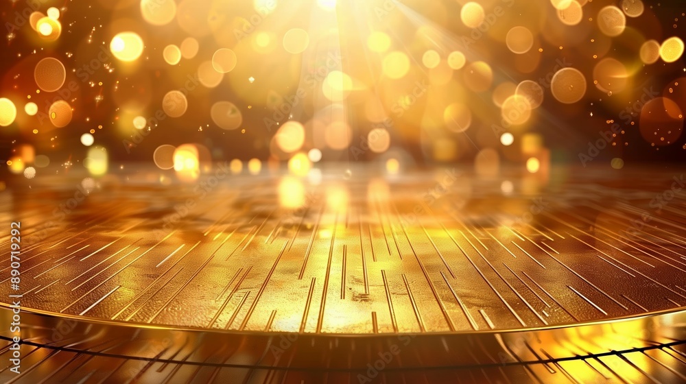 Luxury golden table top on a glowing blurry shining background Luxury golden table top on a glowing blurry shining background