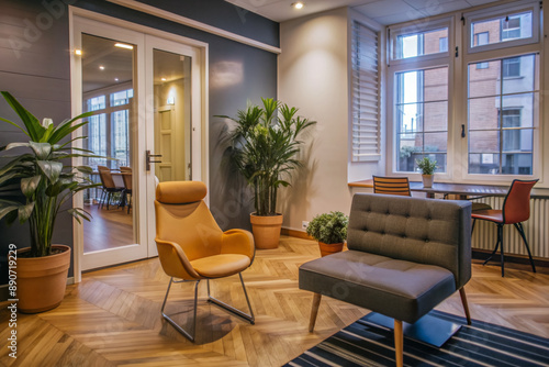 Welcoming atmosphere in a modern office as a vacant space depicts a warm greeting scene with an empty chair, awaiting a new team member's arrival.