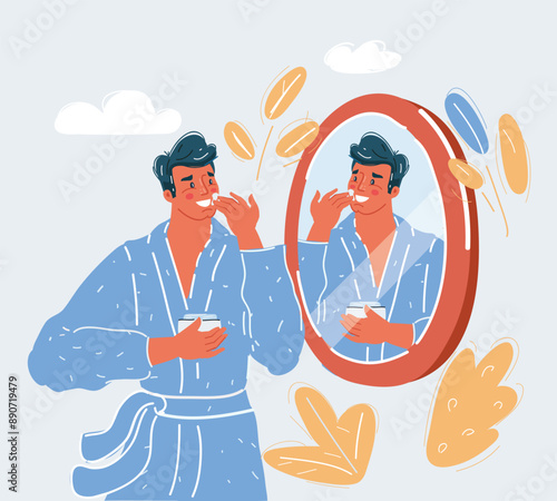 Cartoon vector illustration of a man take care of him skin in front of the toilet mirror.