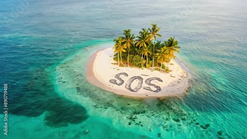 From a bird's eye view you can see a deserted island on which a large inscription asking for help is carved among the palm trees.