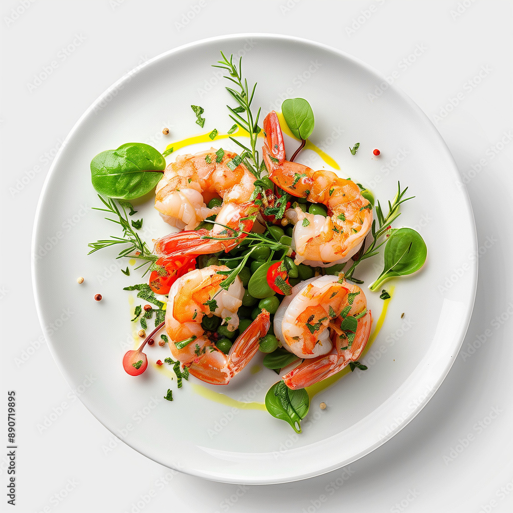 Fresh Shrimp Salad with Mixed Greens and Herbs on White Plate Fresh Shrimp Salad with Mixed Greens and Herbs on White Plate