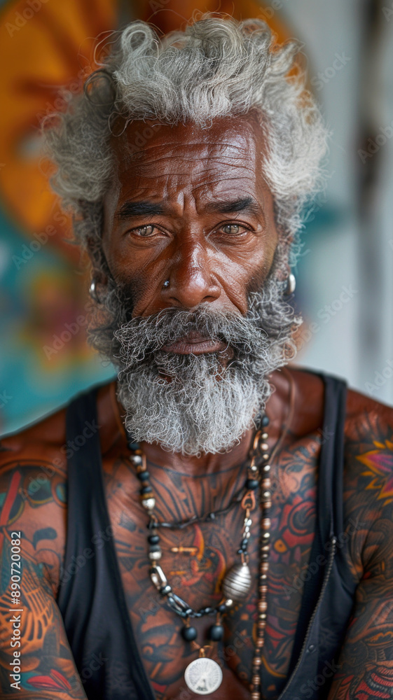 Portrait of a tattooed senior man with grey hair and beard Portrait of a tattooed senior man with grey hair and beard
