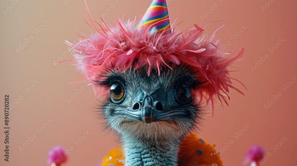 Fototapeta premium Emu Bird in Colorful Party Attire with Copy Space on Pastel Background - Creative Animal Concept for Birthday Party Invite