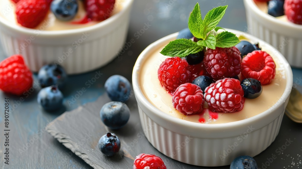A rich, creamy dessert topped with fresh berries A rich, creamy dessert topped with fresh berries