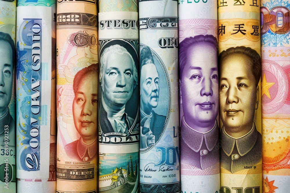 A background of various international banknotes, including US dollars and Japanese yens, displayed in rolls against each other. 