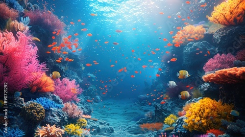 Colorful Coral Reef Landscape with Underwater Sea Life and Plants - Marine Life Concept in the Deep Ocean World Scene. © Tuong
