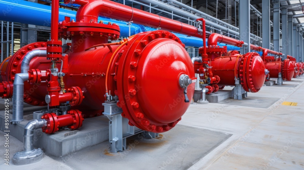 Industrial machinery with red metal pipes and valves in a facility, showcasing modern equipment and infrastructure. Industrial machinery with red metal pipes and valves in a facility, showcasing modern equipment and infrastructure.