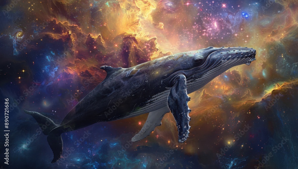 Fototapeta premium A humpback whale swimming through the depths of space, surrounded by swirling galaxies and nebulae. 