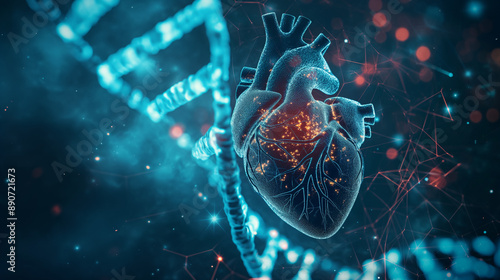 Human heart organ anatomy with DNA sequence illustration. Medicine science technology research concept, genetic biology laboratory diagnosis, disease treatmen