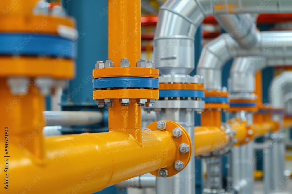 Close-up view of industrial pipes and valves in a modern factory setting, showcasing the engineering and mechanical elements of the facility. Close-up view of industrial pipes and valves in a modern factory setting, showcasing the engineering and mechanical elements of the facility.