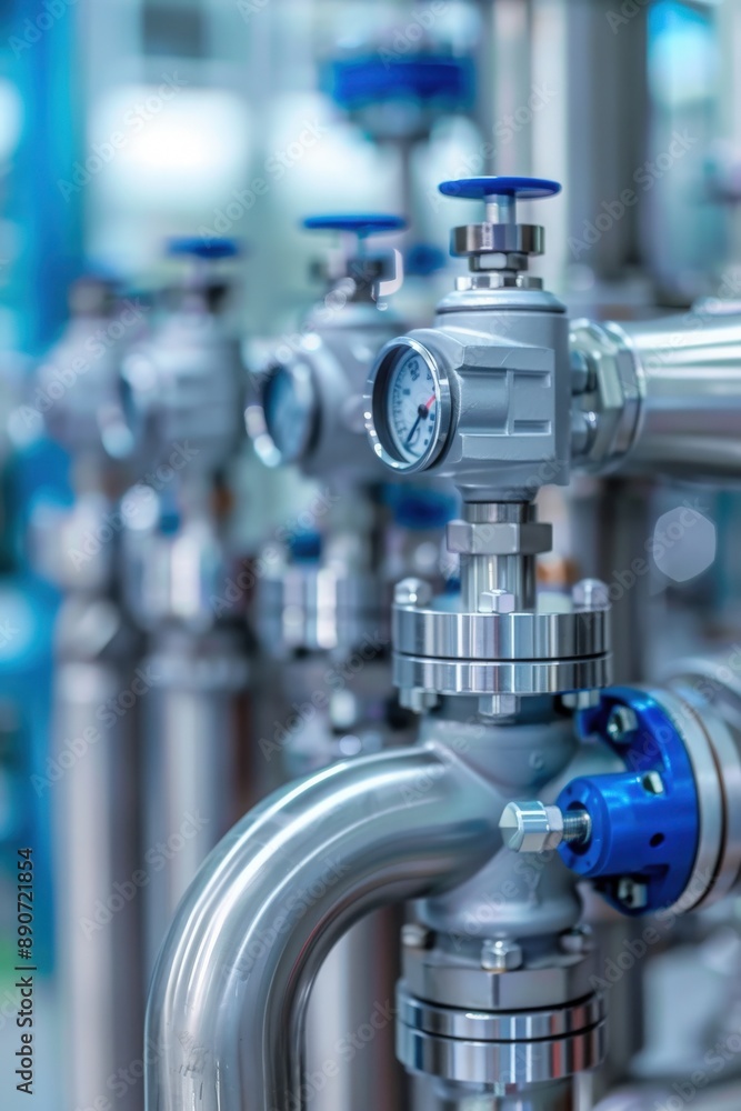 Close-up of industrial stainless steel pipes and valves in a modern facility, showcasing mechanical engineering and precision. Close-up of industrial stainless steel pipes and valves in a modern facility, showcasing mechanical engineering and precision.