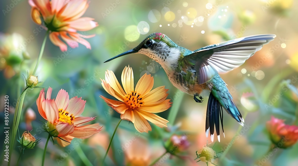 Fototapeta premium A watercolor painting of a beautiful hummingbird hovering near a cluster of yellow and pink blooms, with the sunlight creating a soft, glowing effect.