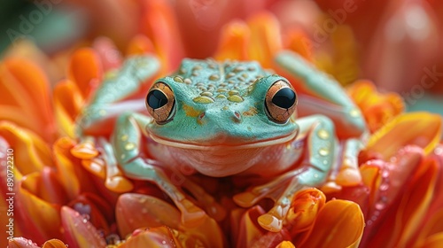 Colorful Flying Frog Perched on Vibrant Red Flower: Closeup of Beautiful Tree Frog in Nature photo