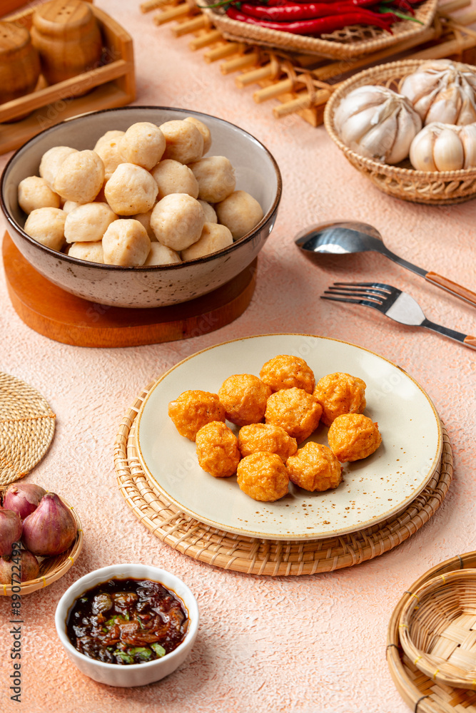 Bakso Ayam, Raw Indonesian Chicken Meatball in a bowl Bakso Ayam, Raw Indonesian Chicken Meatball in a bowl