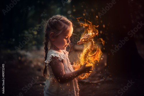 A little firebender girl with flames and a small dragon inm her hands. Magical sorceress girl performing a fire spell. photo