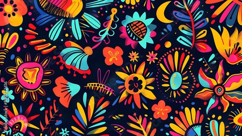 Abstract pattern with bold Hispanic cultural motifs