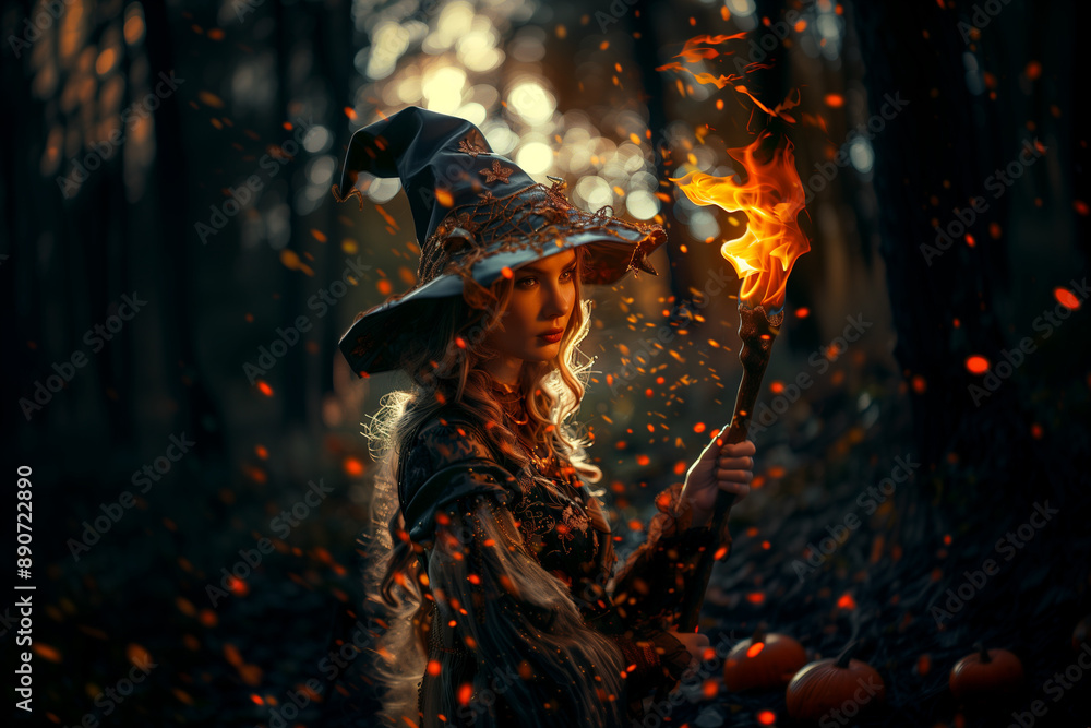 A beautiful blonde witch at night with a blazing torch and a pointed hat. Sorceress with blazing fire outdoors in a spooky unsettling enchanted forest at night. A beautiful blonde witch at night with a blazing torch and a pointed hat. Sorceress with blazing fire outdoors in a spooky unsettling enchanted forest at night.