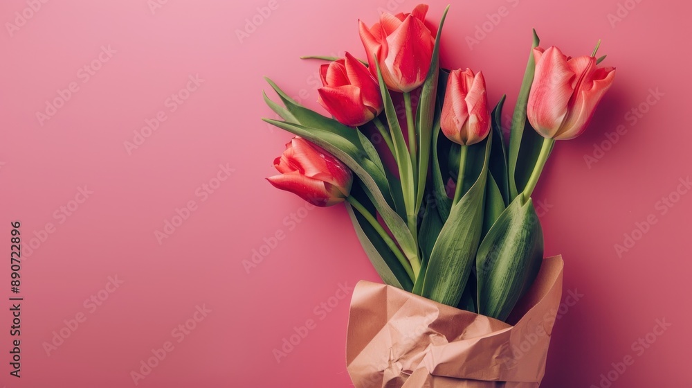 Pink Tulips Bouquet on Pink Background Pink Tulips Bouquet on Pink Background