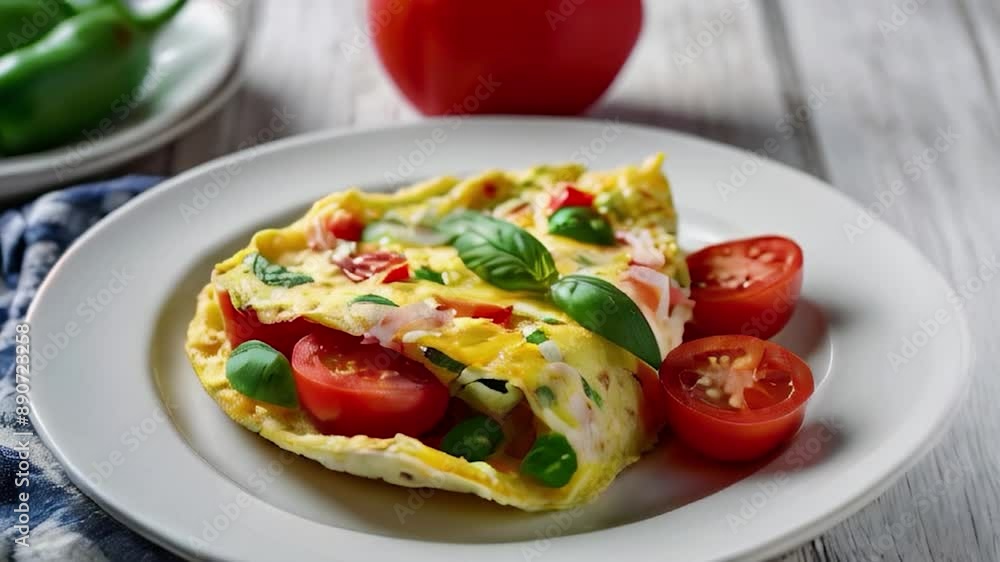 Omelet with Tomatoes, Peppers, and Basil on a Plate Omelet with Tomatoes, Peppers, and Basil on a Plate