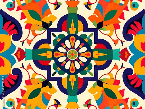 An abstract design with bold colors and Hispanic cultural motifs