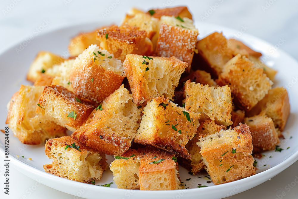 A pile of golden-brown croutons made from bread crusts, on a plate A pile of golden-brown croutons made from bread crusts, on a plate