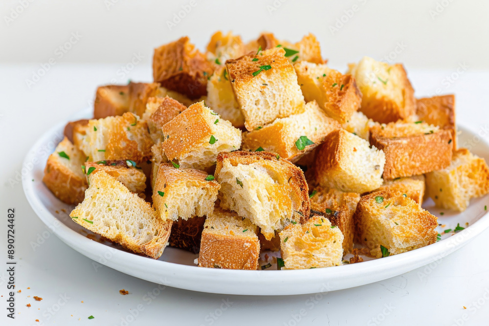 A pile of golden-brown croutons made from bread crusts, on a plate A pile of golden-brown croutons made from bread crusts, on a plate