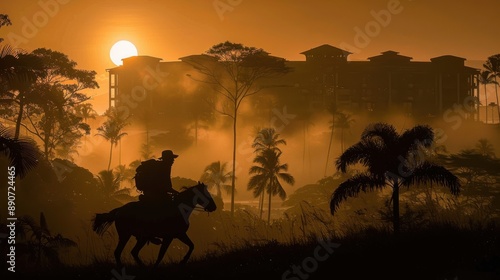 Fototapeta Naklejka Na Ścianę i Meble -  Captivating Sunset Silhouette of a Horse Rider Against a Misty Jungle Backdrop with a Building in the Distance