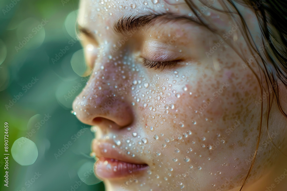 Naklejka premium A woman's face with dewdrops on her skin, reflecting the freshness of early morning