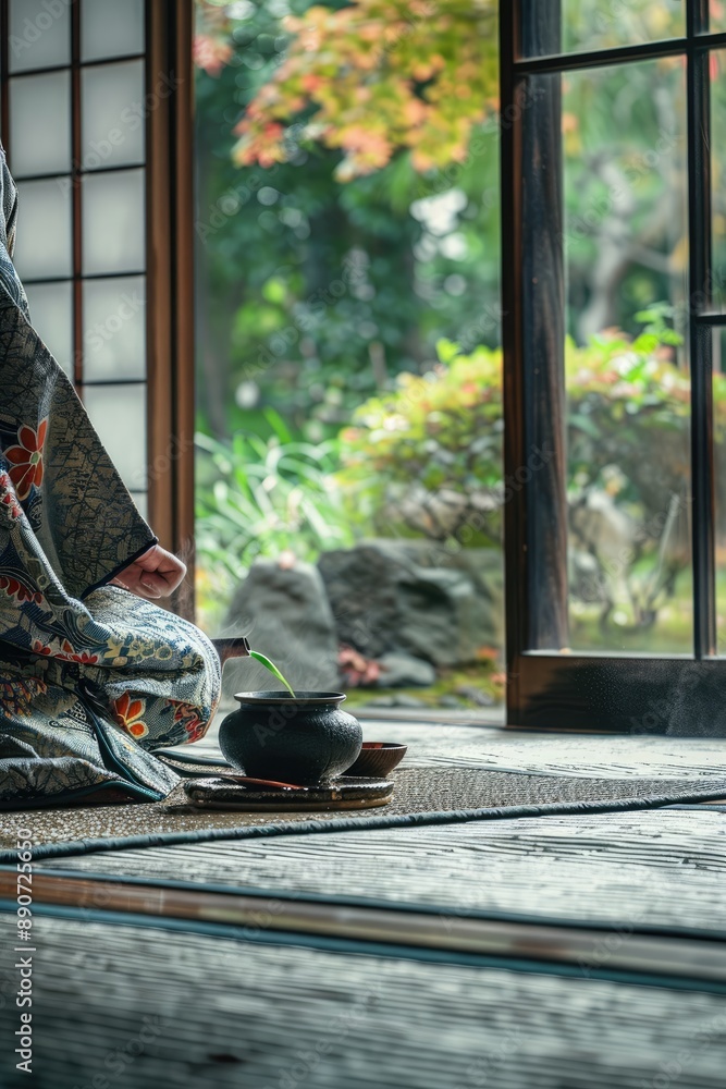 A photographic image of a traditional Japanese tea ceremony, with a tea master pouring matcha into a bowl, dressed in a kimono, sitting on tatami mats. A photographic image of a traditional Japanese tea ceremony, with a tea master pouring matcha into a bowl, dressed in a kimono, sitting on tatami mats.